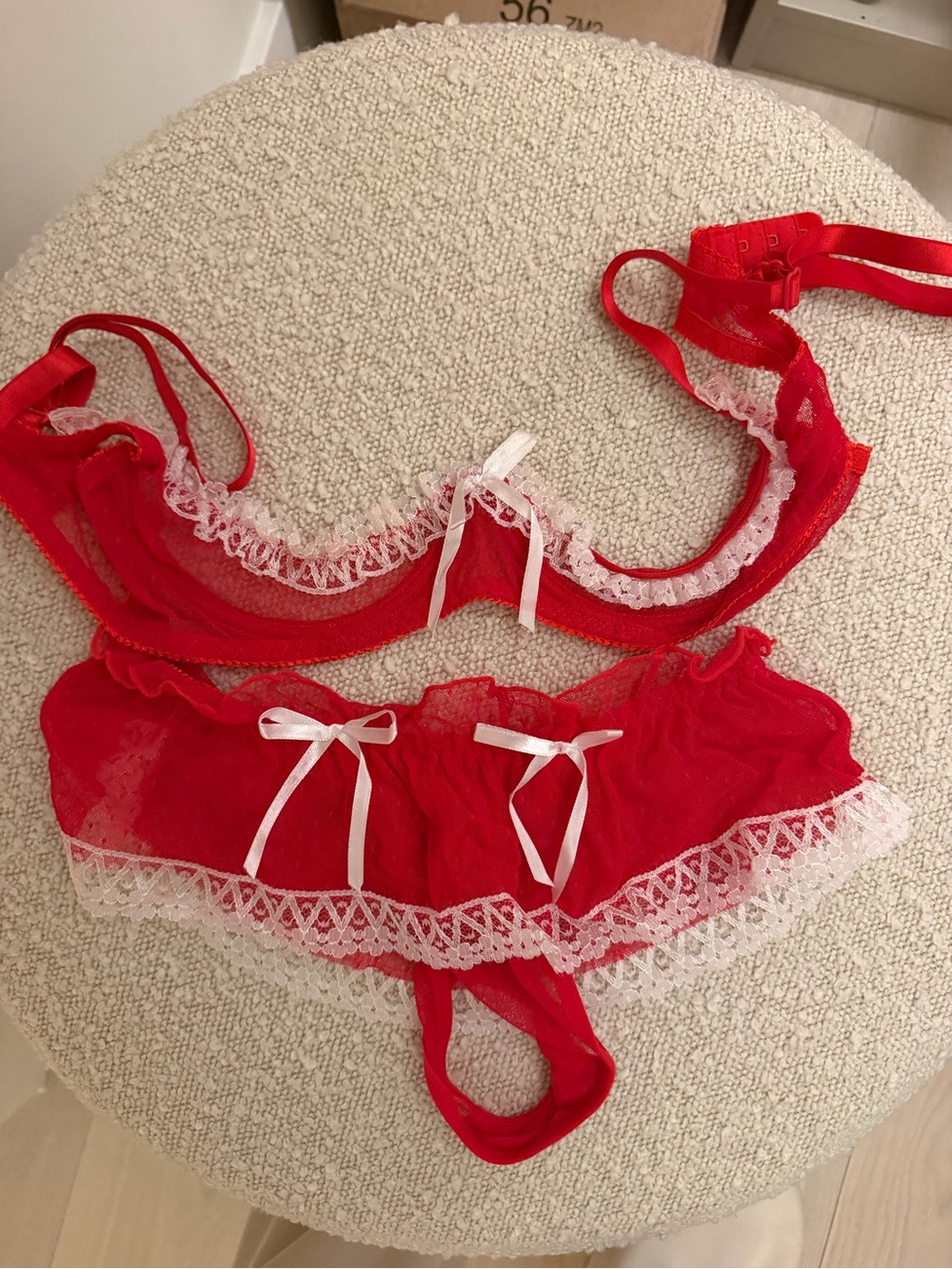 Red Lace Trim Sheer Bra & Panty Set - Women Intimates